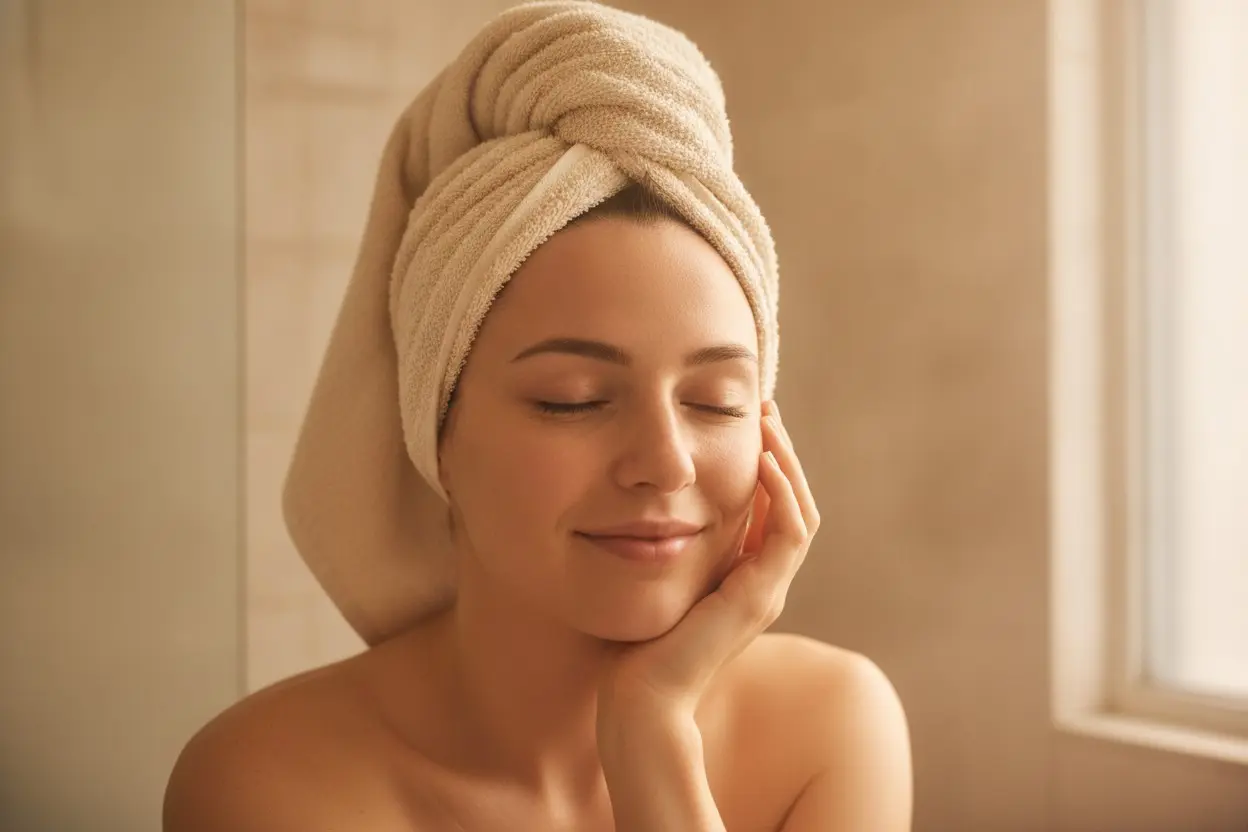 Woman in towel touching cheek